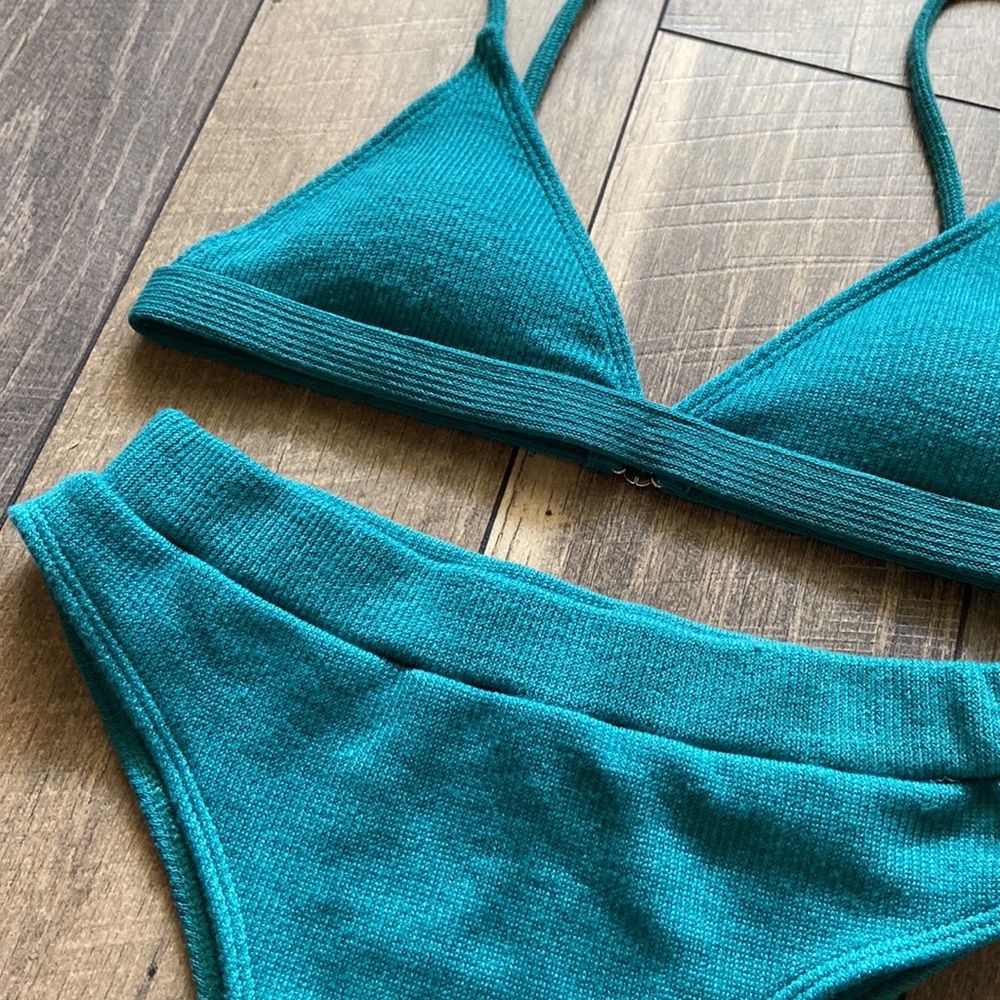 Solid Rib Knit Triangle High Waisted Bikini - image 4